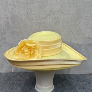 VTG Ms Divine Hat Sun Womens Yellow Satin Wide Brim Ruffle Derby Church Wedding